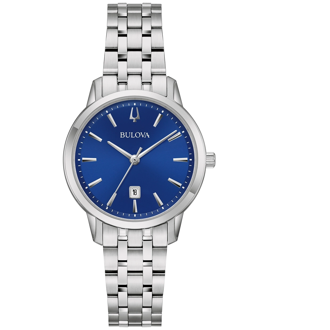 Bulova horloge met blauwe wijzerplaat en zilveren band, stijlvol design.