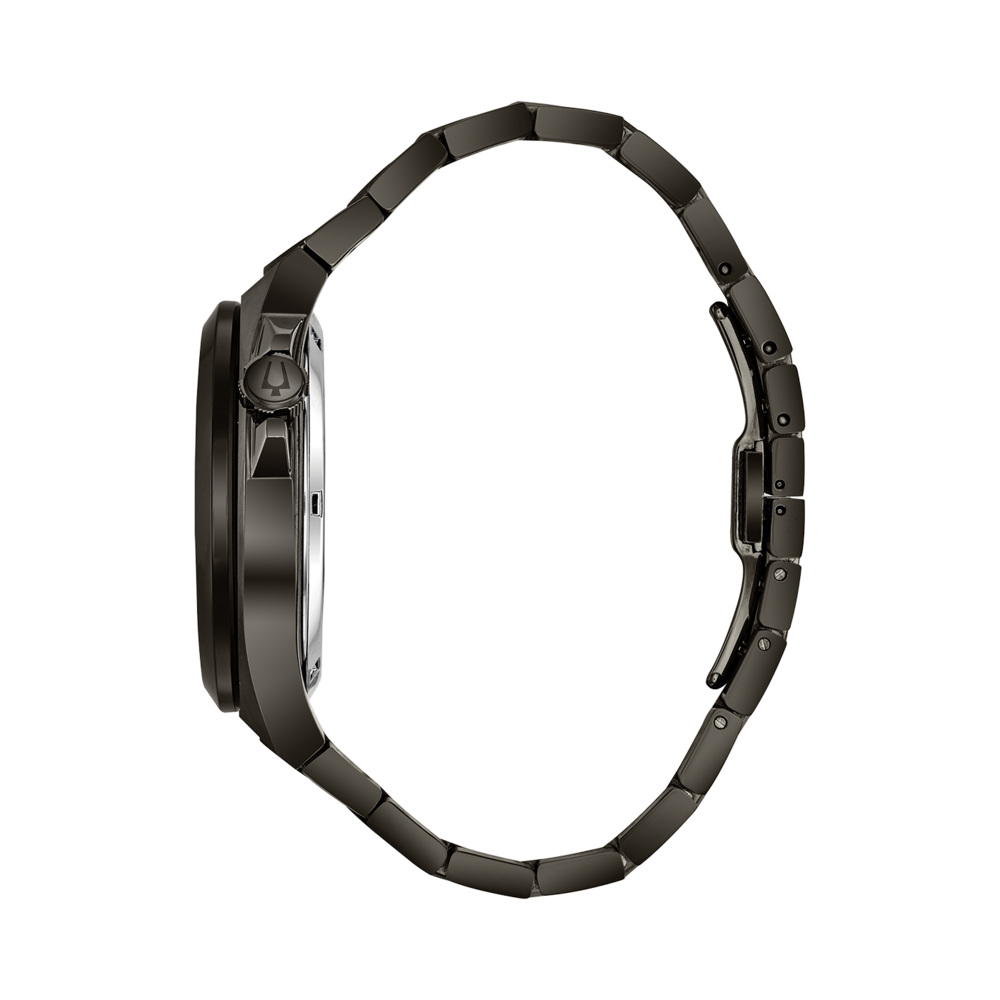 Zwarte horloge met band. Zijaanzicht. Strak design. Modern accessoire. Tijdloos elegant.