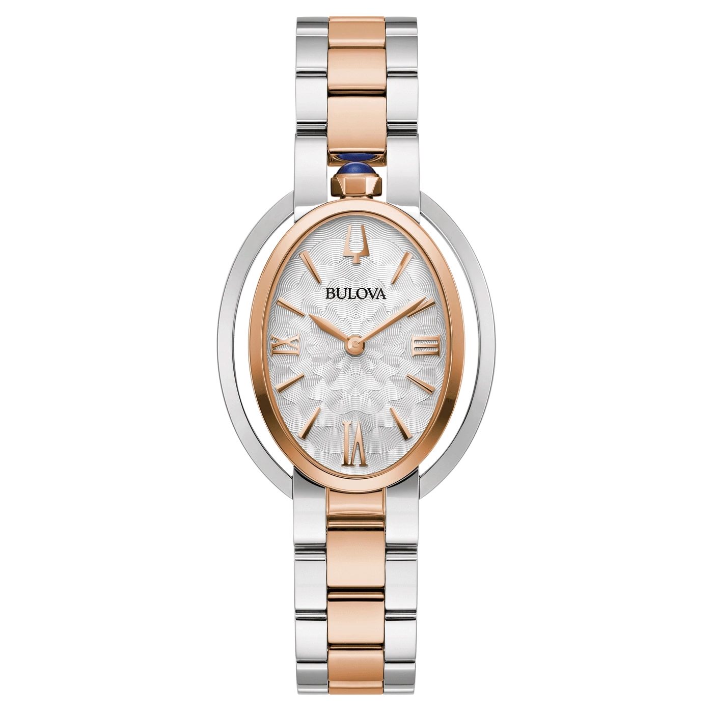 Bulova dameshorloge, zilveren wijzerplaat, roségouden accenten, armband