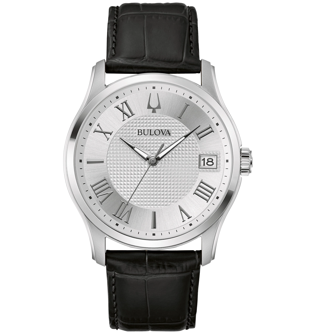 Bulova horloge met zilveren wijzerplaat en zwarte leren band, datumweergave