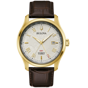 Gouden Bulova horloge met bruine leren band, wereldkaart en Romeinse cijfers.
