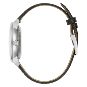Zijaanzicht van een horloge met zwart leren bandje, zilveren kast, elegant ontwerp