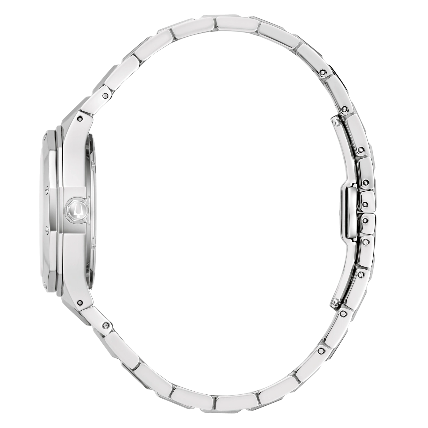 Zilveren dameshorloge met armband, zijaanzicht, elegant design, glanzend.