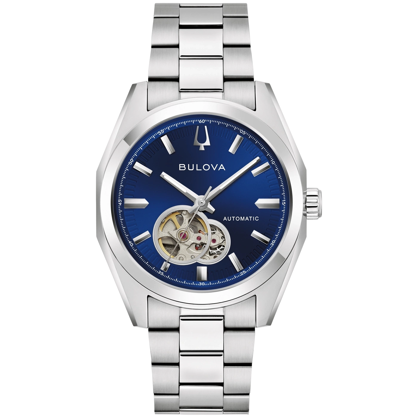 Een blauw Bulova automatisch herenpolshorloge met open wijzerplaat.