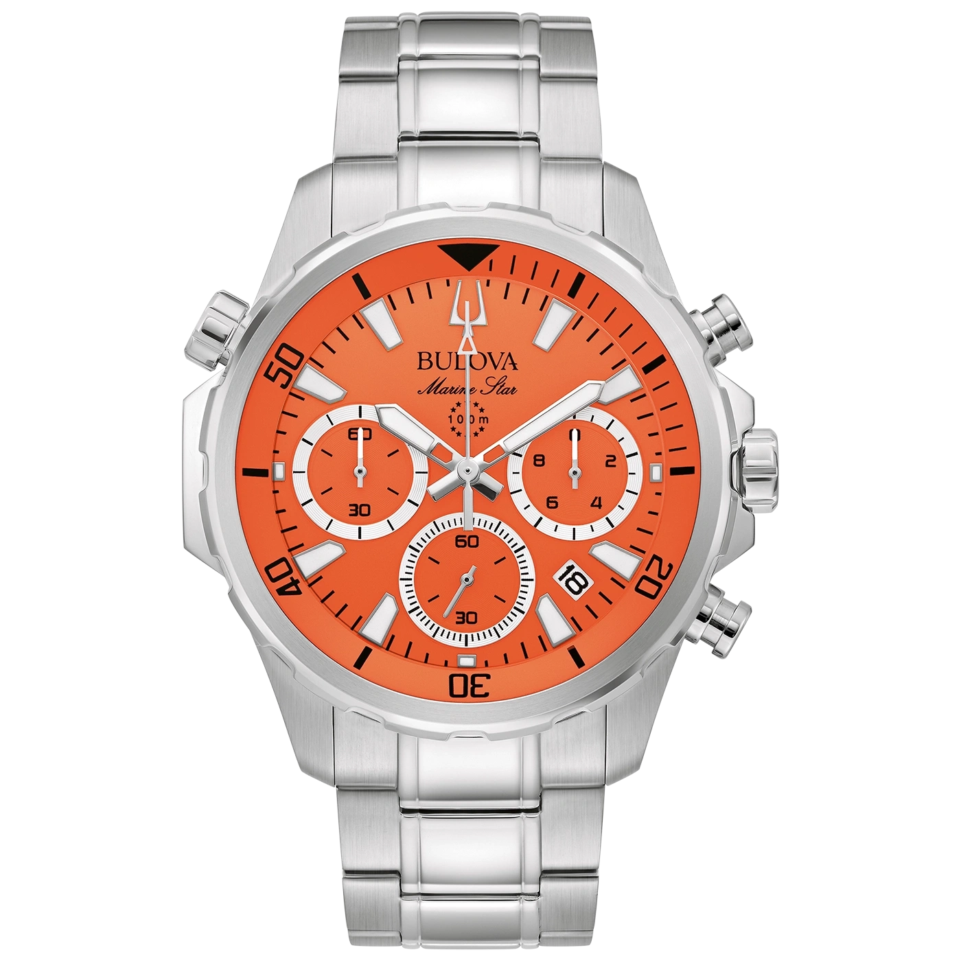 Bulova Marine Star horloge met oranje wijzerplaat en zilveren armband.