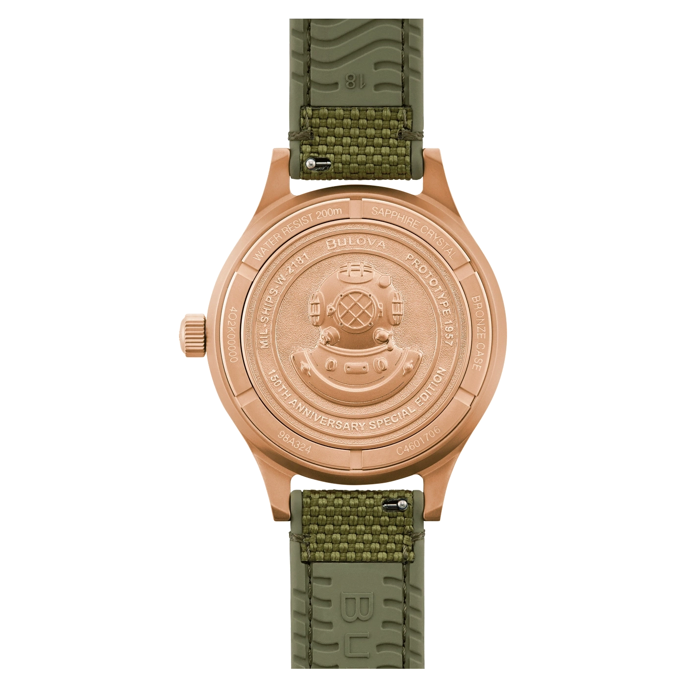 Bulova horloge, bronzen kast, 150 jaar jubileum, waterdicht tot 200m, saffierglas, militair ontwerp.