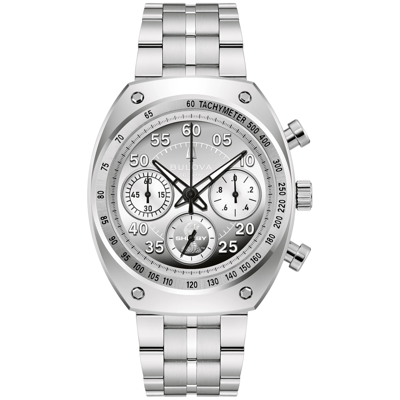 Zilverkleurig Bulova chronograaf horloge met metalen band en tachymeterschaal.