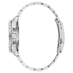 Zilveren horloge met armband, zijaanzicht, detailopname, glanzend, elegant, modern