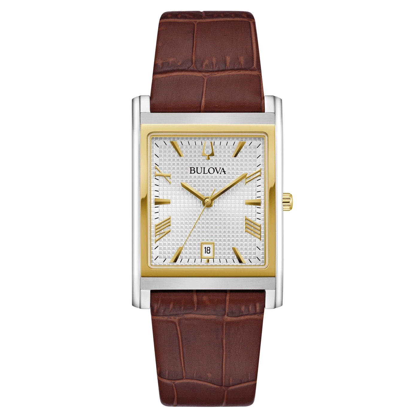 Bulova rechthoekig horloge met bruine leren band en gouden wijzerplaat