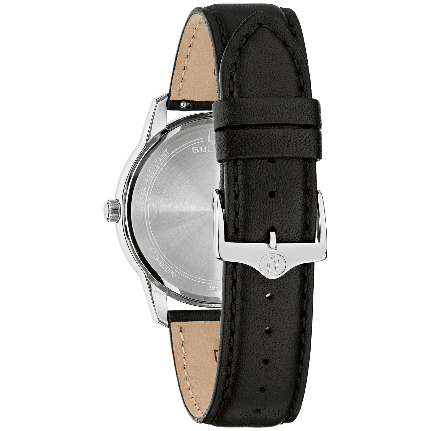 Achterkant van een zwart lederen horloge met zilveren gesp