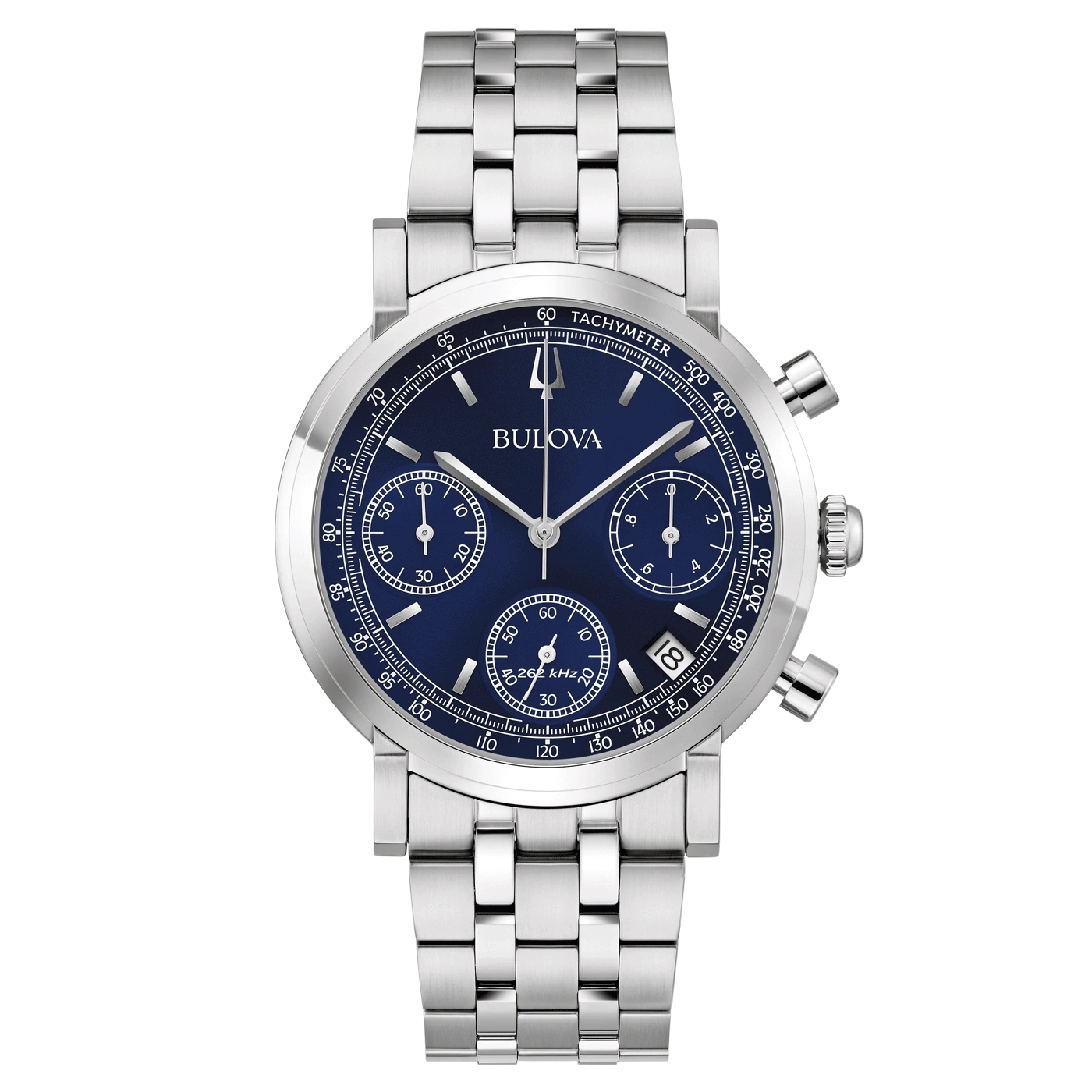 Bulova horloge met blauwe wijzerplaat en zilveren band, chronograaf functie.