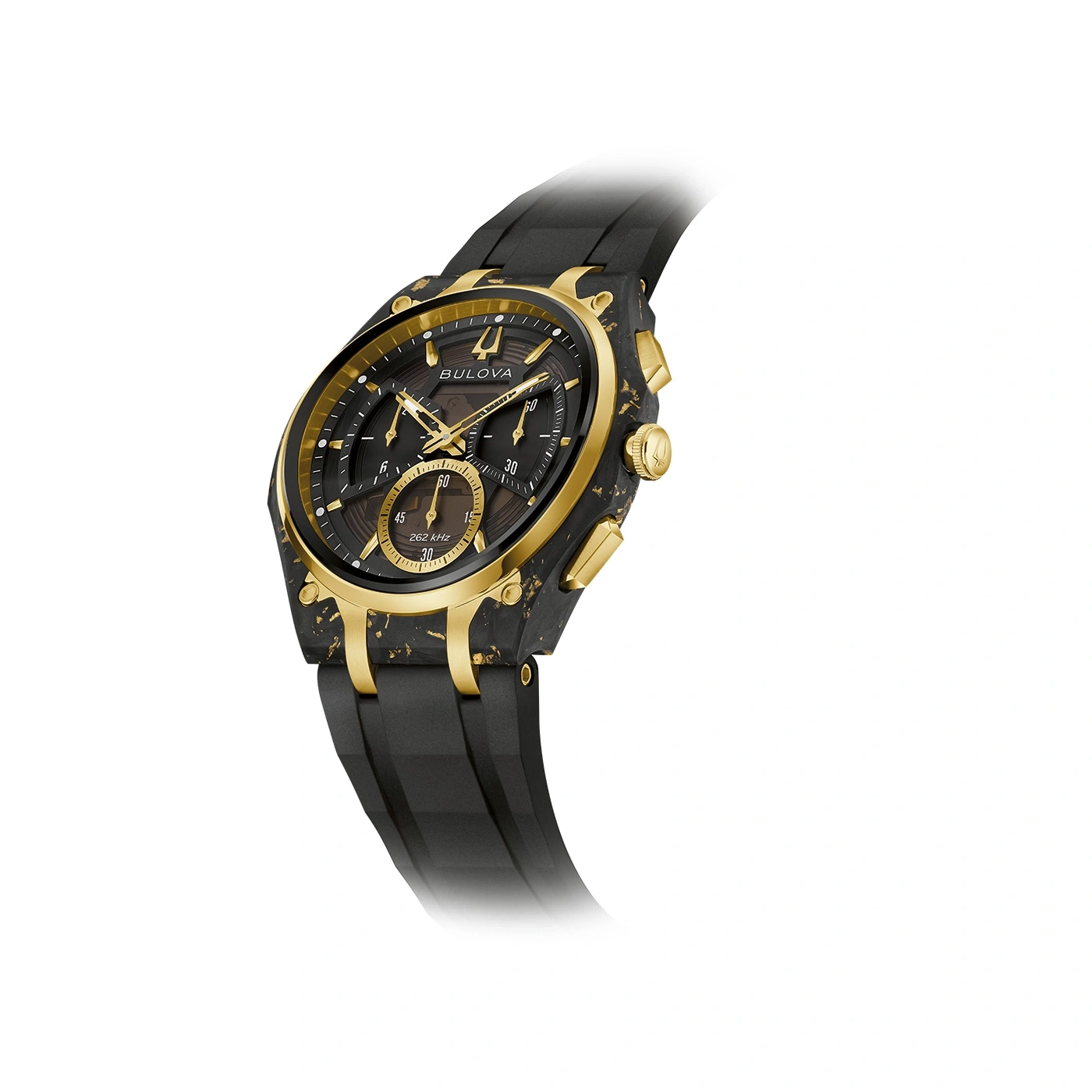 Bulova horloge met zwart bandje en gouden accenten, close-up foto