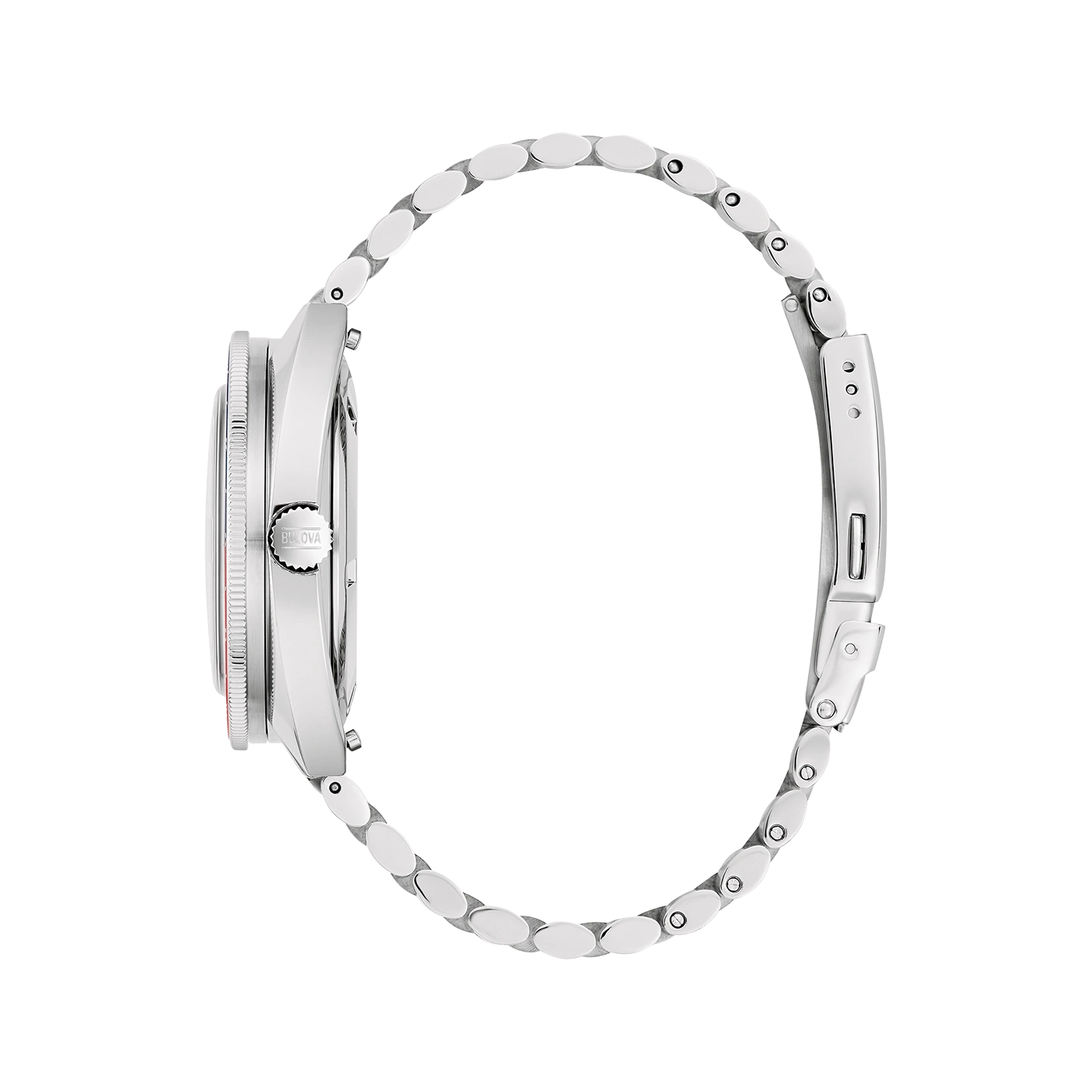 Bulova horloge, zilveren band, zijaanzicht, detailopname, elegant design, accessoire