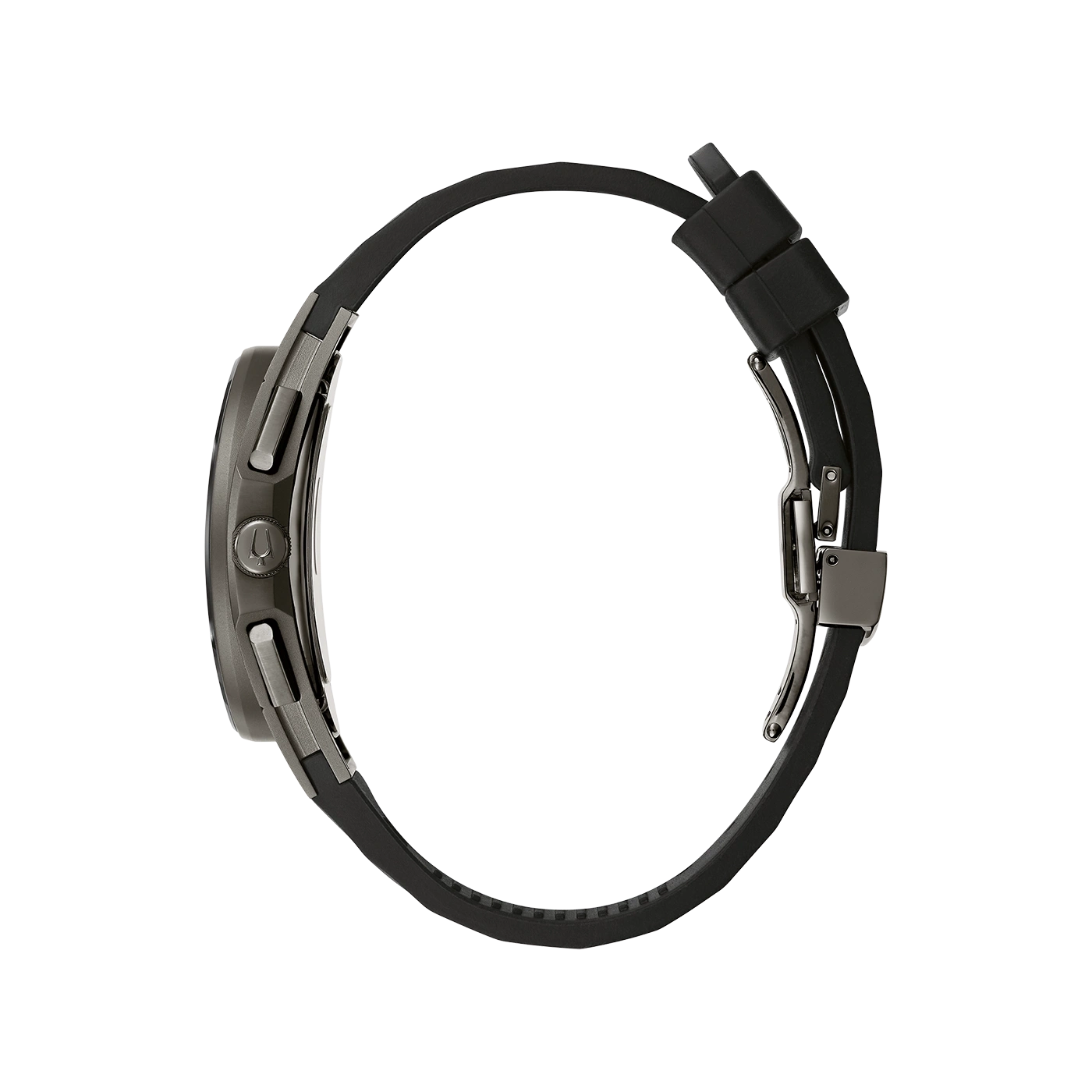 Zwarte horloge met zwart bandje, zijaanzicht, detailopname, modern design, elegant