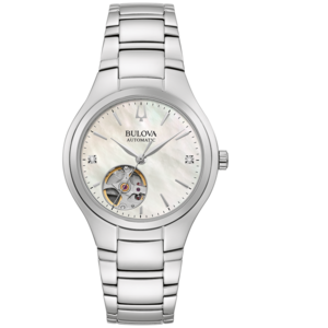 Bulova automatisch horloge met parelmoer wijzerplaat en diamanten, zilverkleurige band