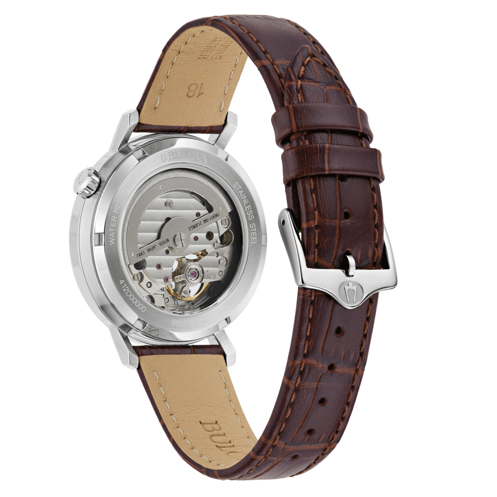 Bulova horloge, bruine leren band, roestvrij staal, transparante wijzerplaat, 21 juwelen, MIYOTA
