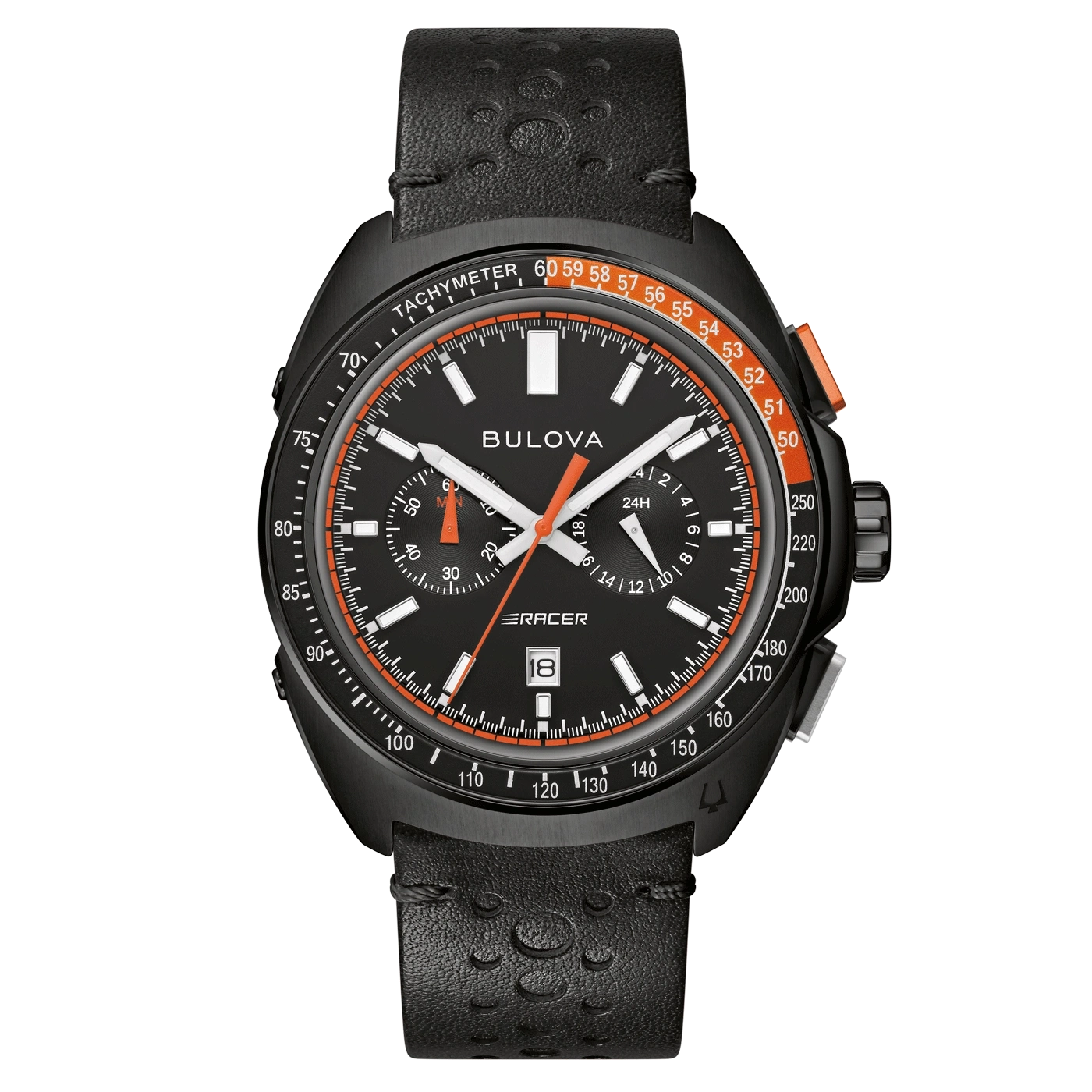 Zwarte Bulova horloge met oranje accenten en leren band, tachymeter functie, sportief design.