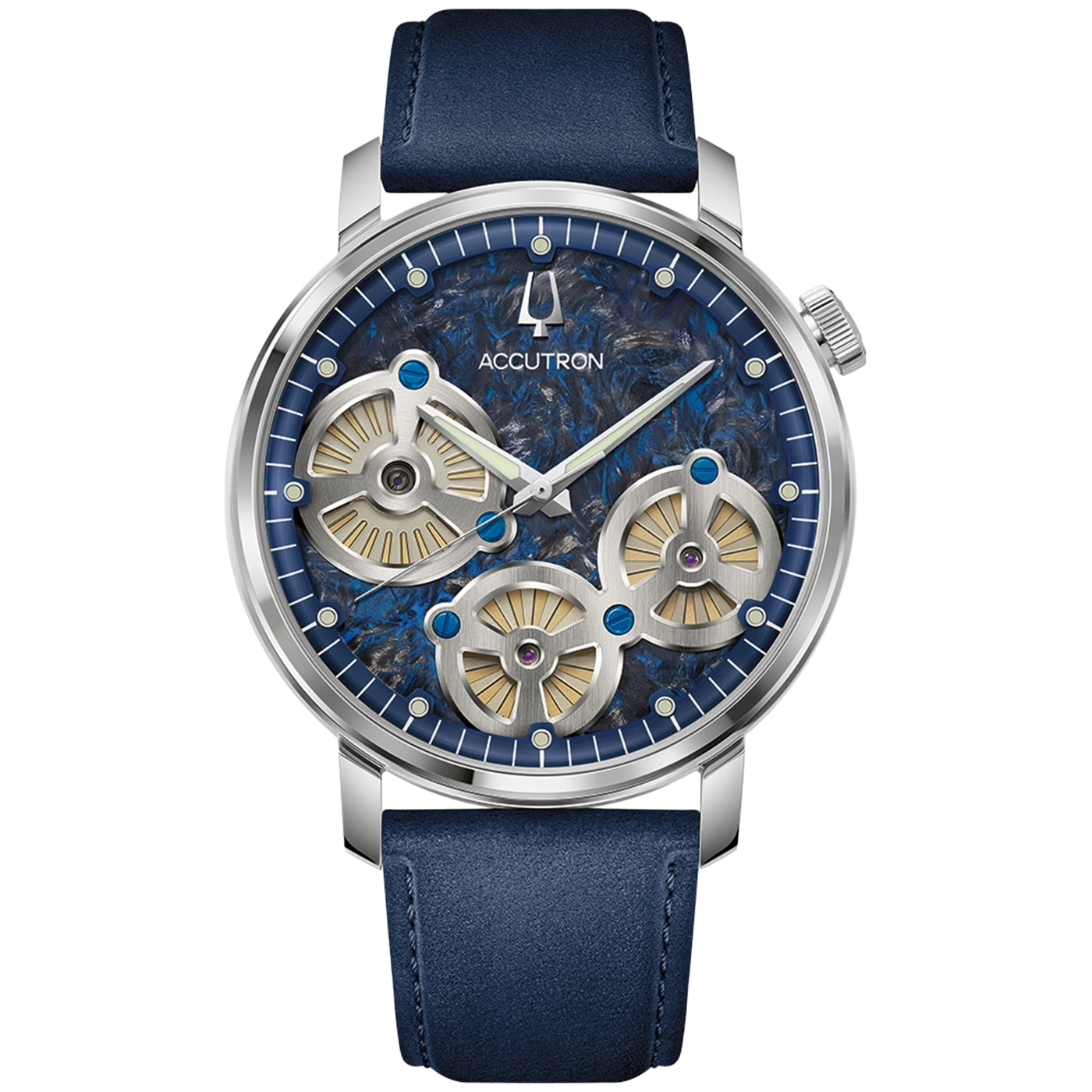 Een zilveren Accutron horloge met blauwe wijzerplaat en lederen band.