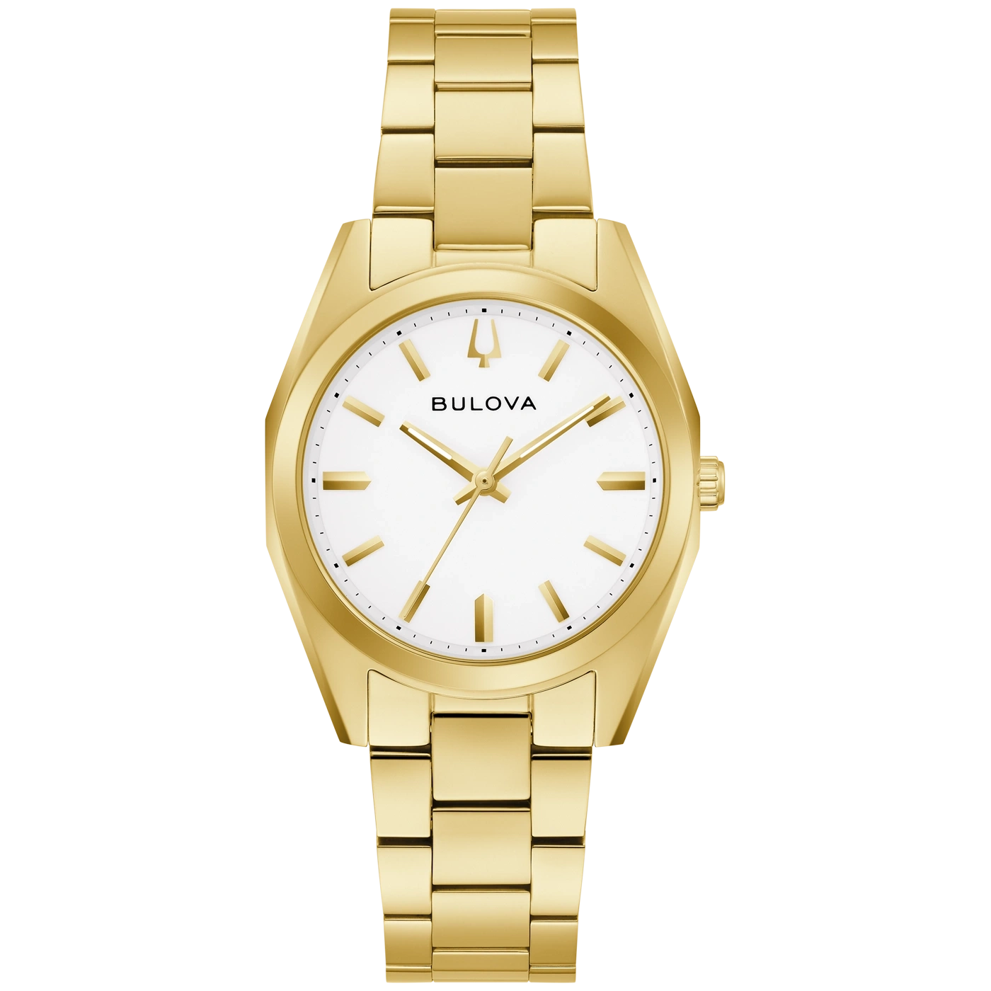 Gouden Bulova horloge met witte wijzerplaat en gouden band