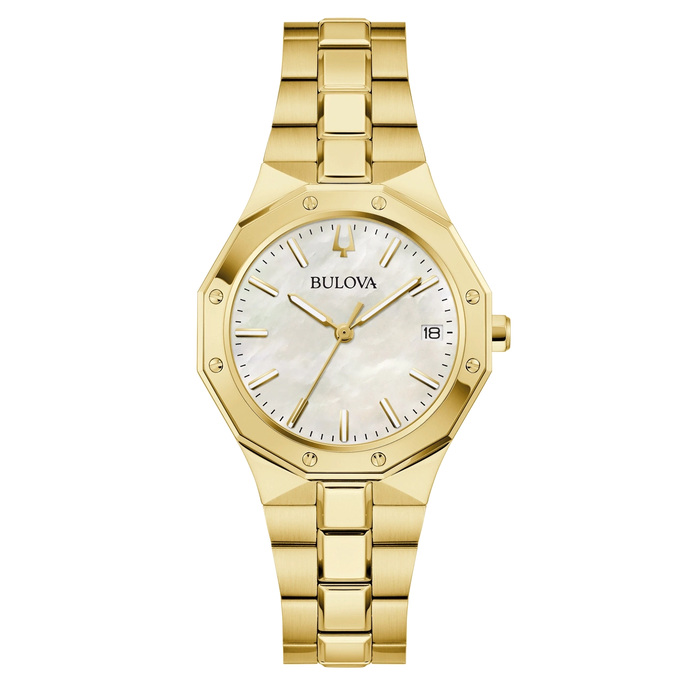 Gouden Bulova horloge met parelmoer wijzerplaat en datumweergave, elegant design.