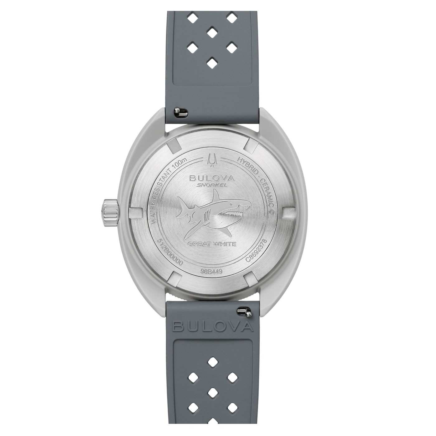 Bulova Snorkel horloge, achterkant met haaienmotief, waterdicht, hybride keramiek
