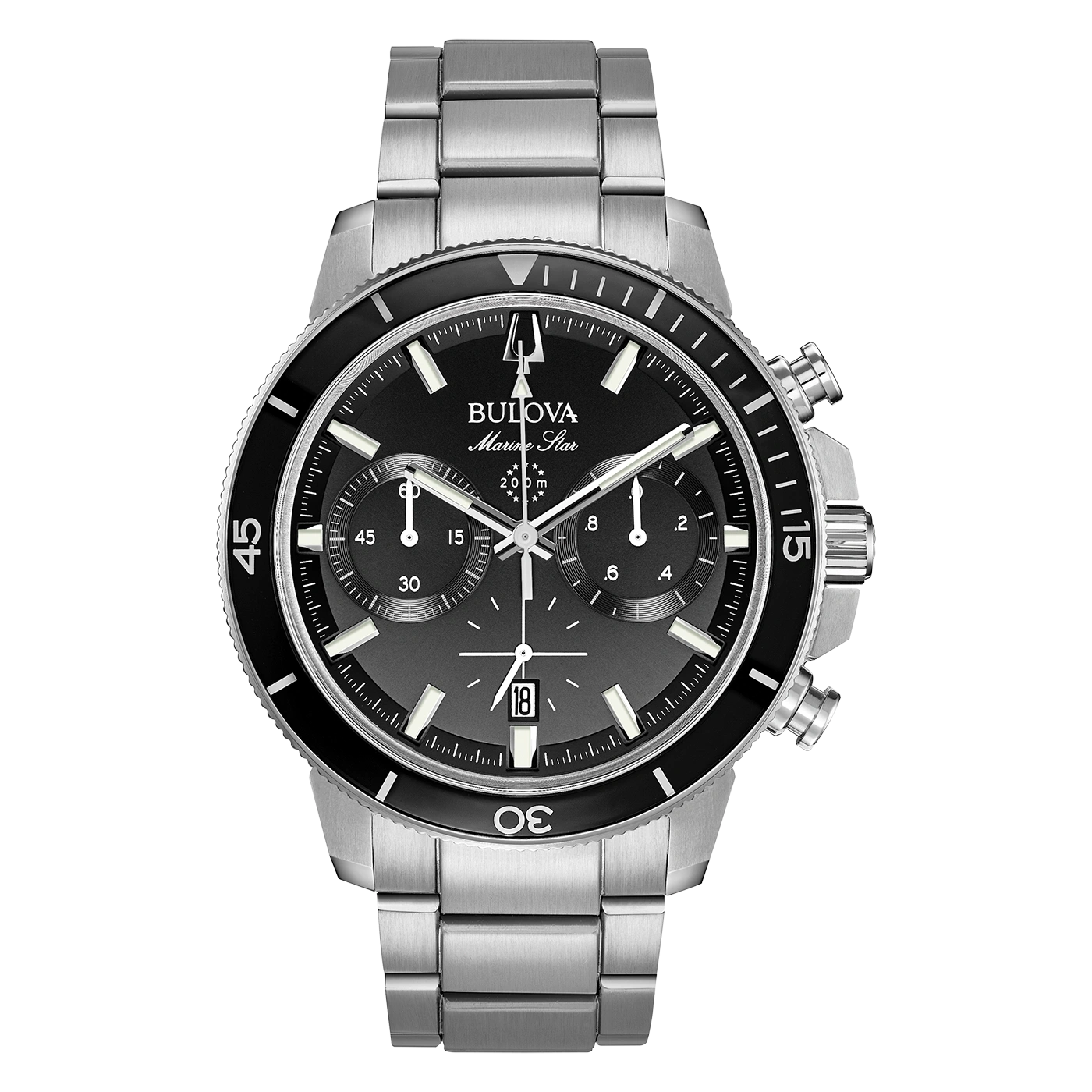 Bulova Marine Star horloge, zwart, roestvrijstalen band, chronograaf, waterdicht 200m
