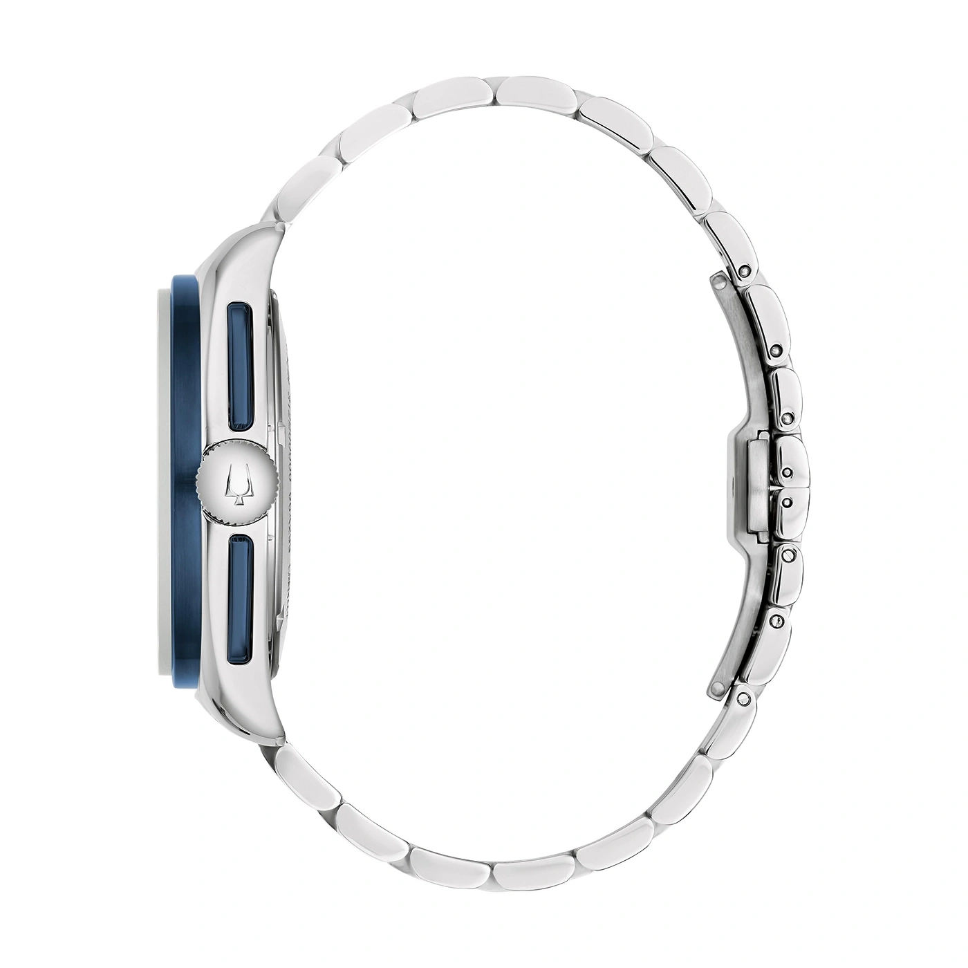Zijaanzicht van een zilveren horloge met blauwe wijzerplaat en armband.