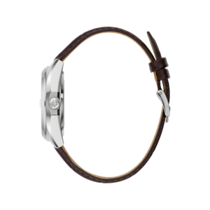 Horloge met bruine leren band, zijaanzicht, zilveren kast, close-up detail