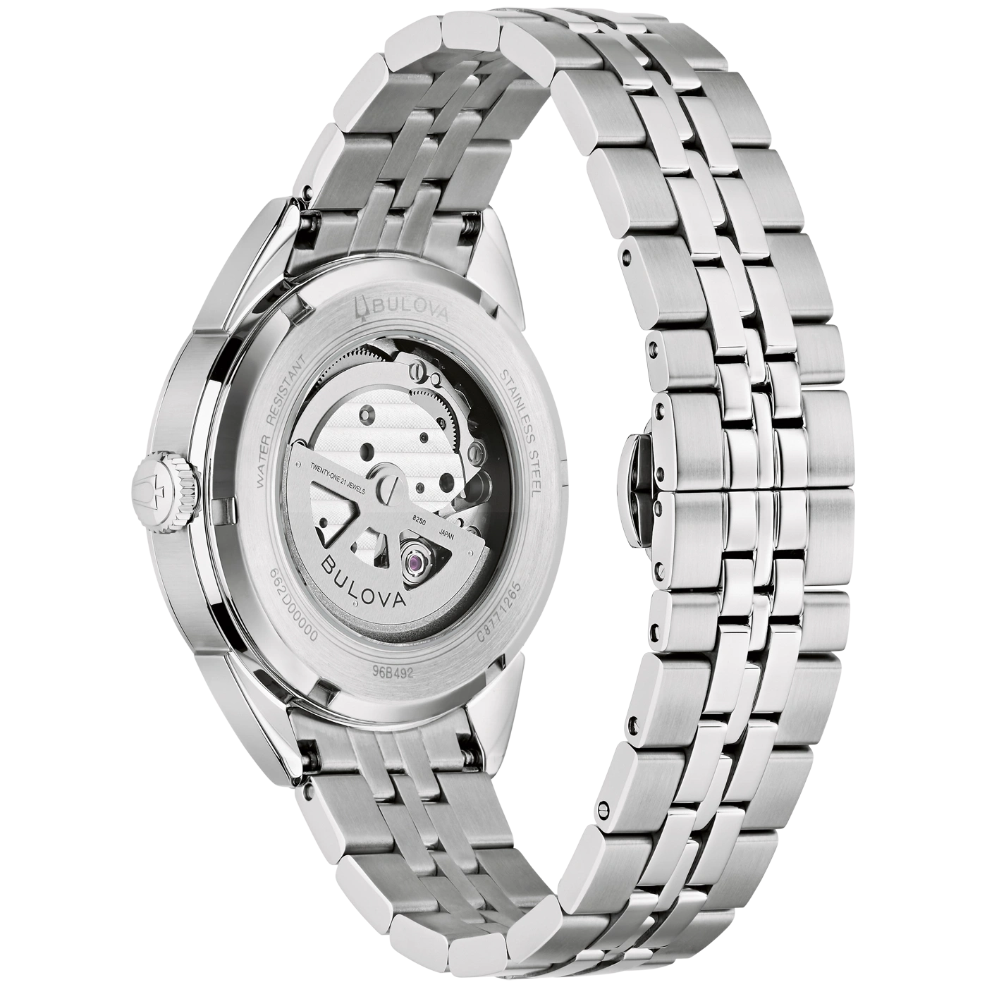 Een zilverkleurig Bulova automatisch horloge met doorzichtige achterkant op een zwarte achtergrond.