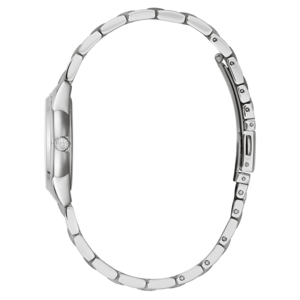Zilveren dameshorloge, zijaanzicht, armband, ronde wijzerplaat, elegant design, accessoire