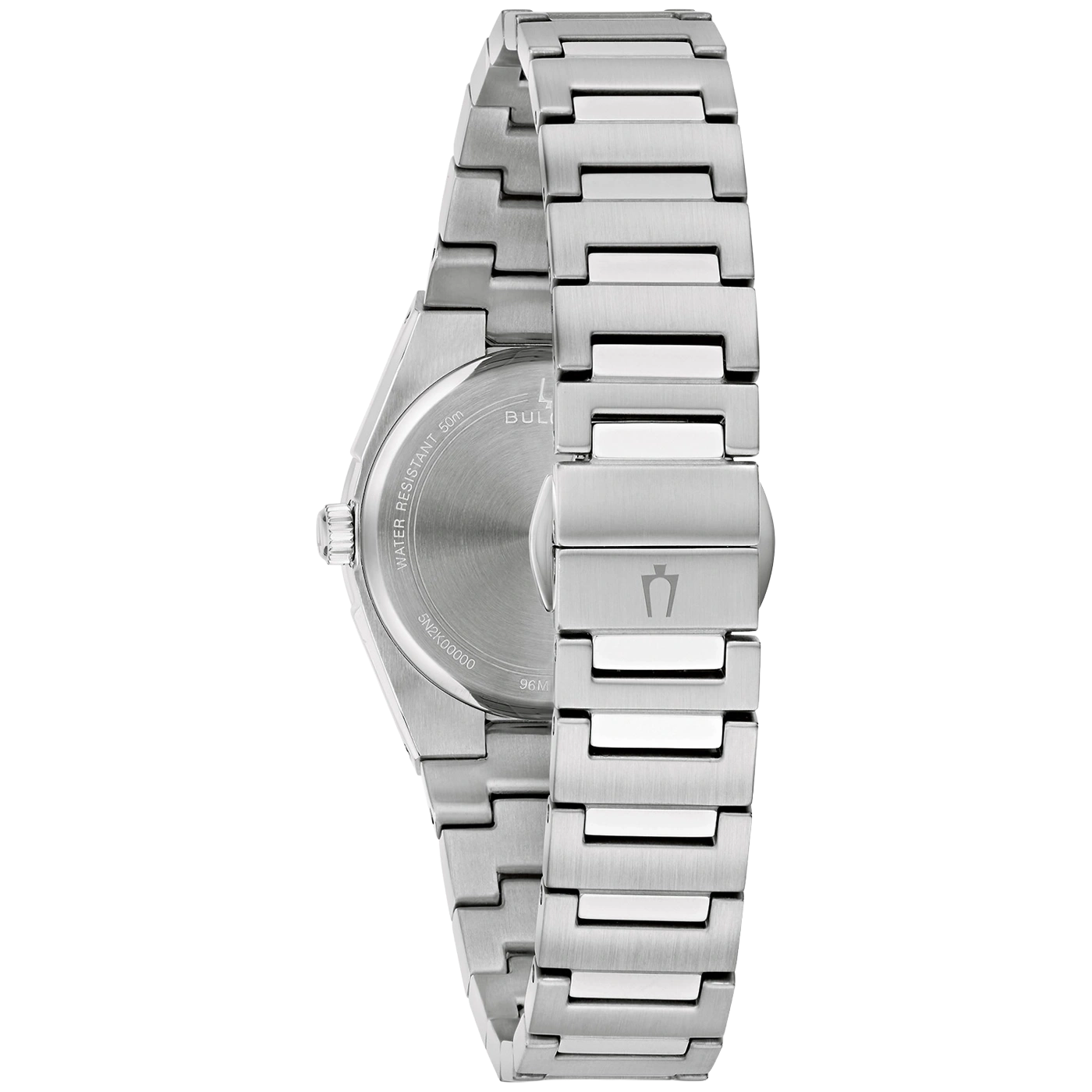 Achterkant van een zilveren Bulova horloge met 50m waterbestendigheid.
