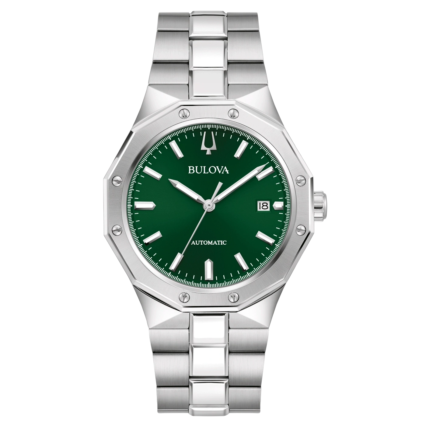 Bulova horloge met groene wijzerplaat en zilveren band, automatisch