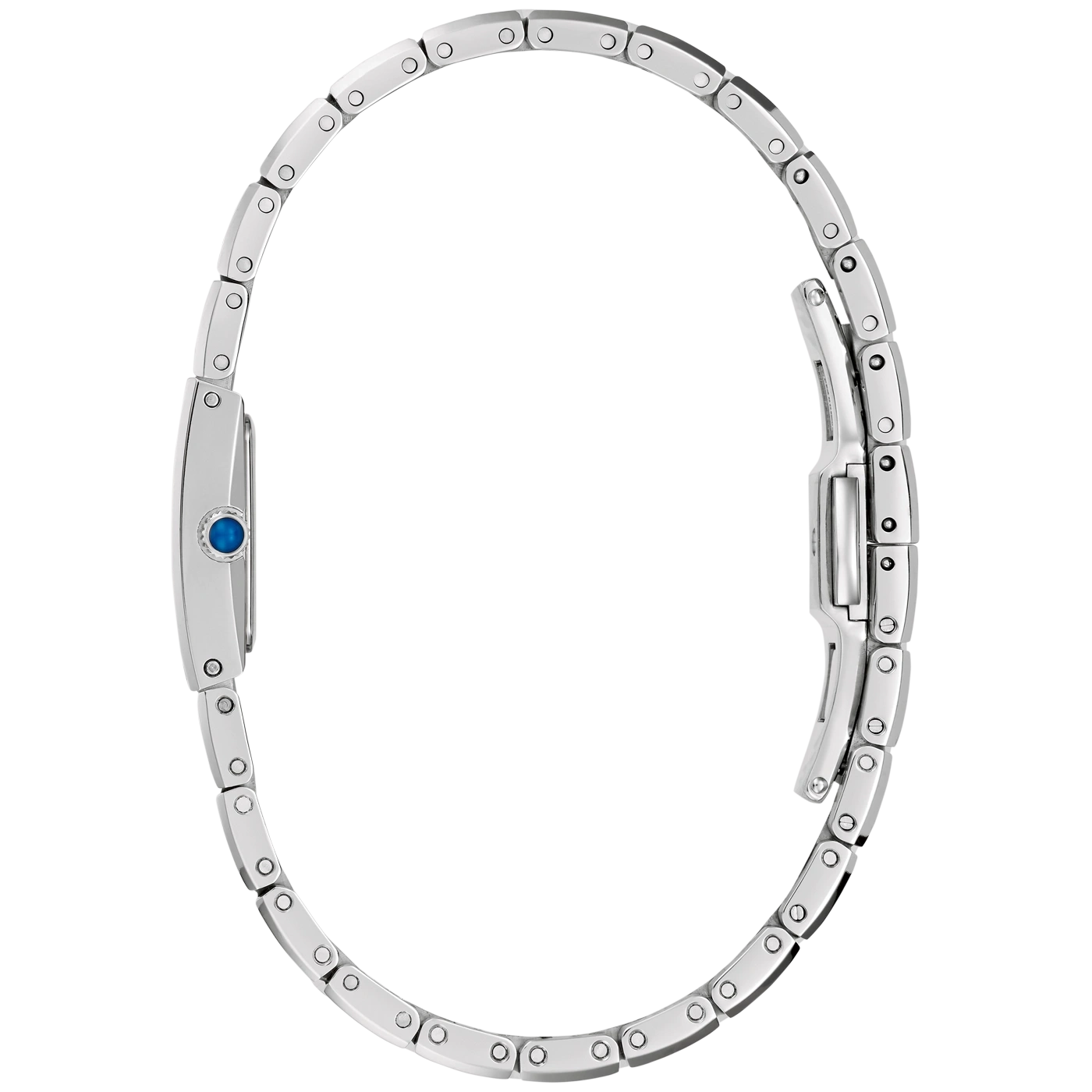 Een zilverkleurig horloge met blauwe steen, zijdelings gefotografeerd.