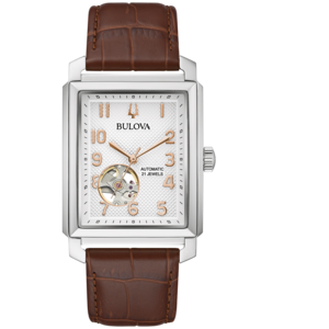 Bulova horloge, rechthoekige wijzerplaat, bruine leren band, automatisch, 21 juwelen, herenhorloge.