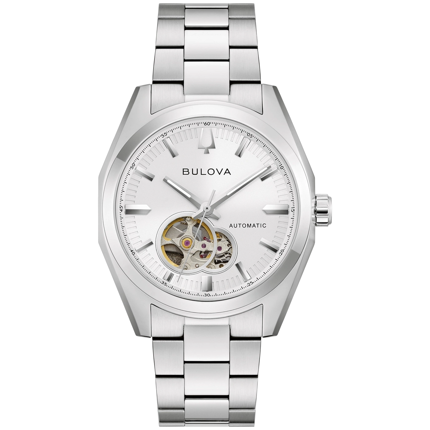 Zilveren Bulova automatisch horloge met open wijzerplaat en zilveren band.