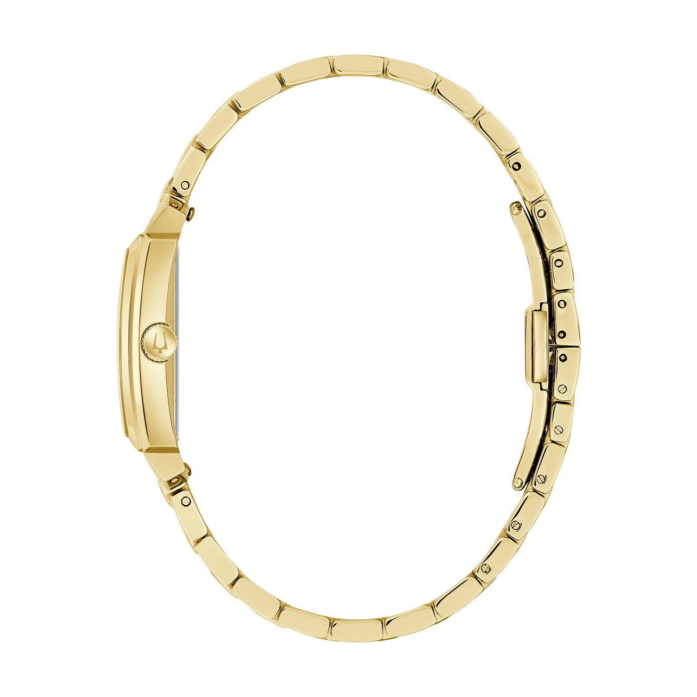 Gouden dameshorloge, zijaanzicht, rechthoekige wijzerplaat, gouden armband, detailopname, sieraden