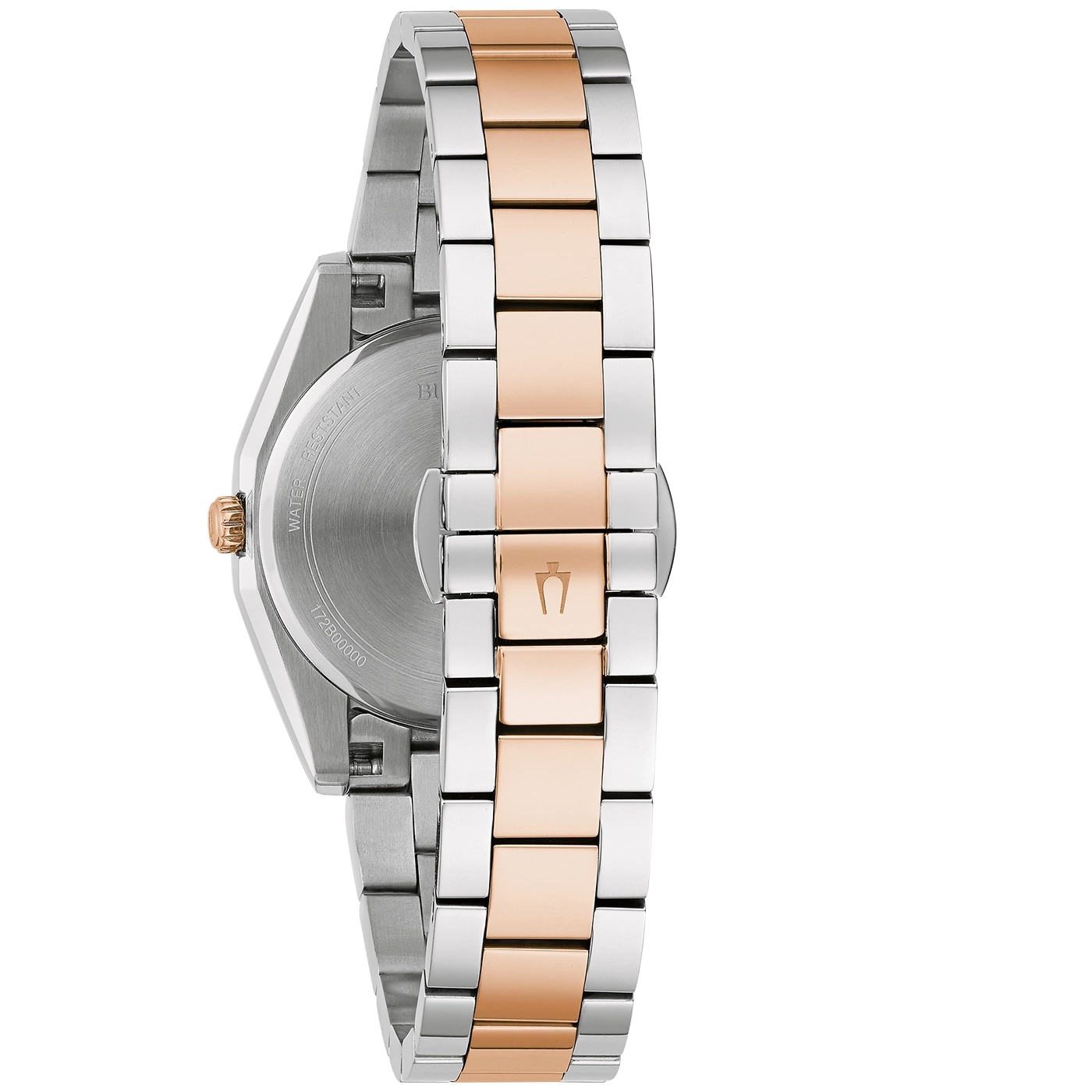 Horloge, metalen band, zilver en roségoud, waterdicht, detailopname, close-up
