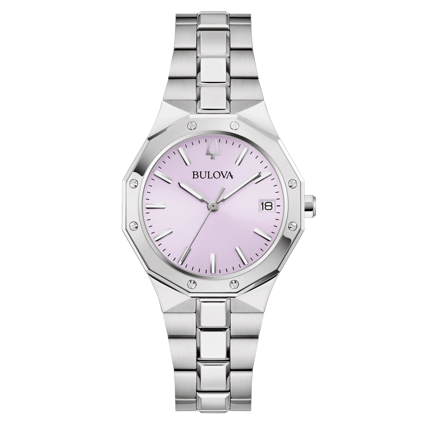 Bulova dameshorloge, zilverkleurige kast, roze wijzerplaat, datumweergave, roestvrijstalen band