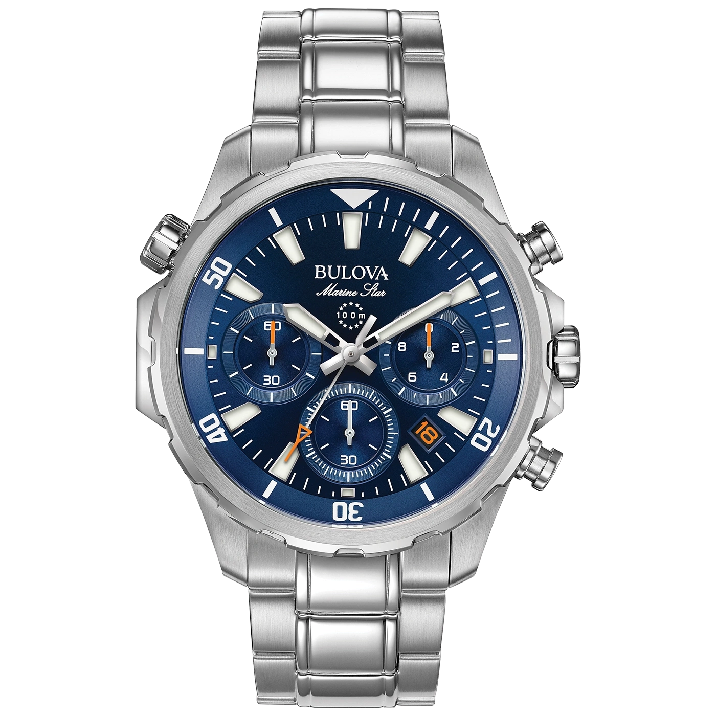Bulova Marine Star horloge, blauwe wijzerplaat, zilveren band, chronograaf, waterdicht 100m.
