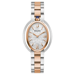 Bulova dameshorloge, zilveren wijzerplaat, roségouden accenten, armband
