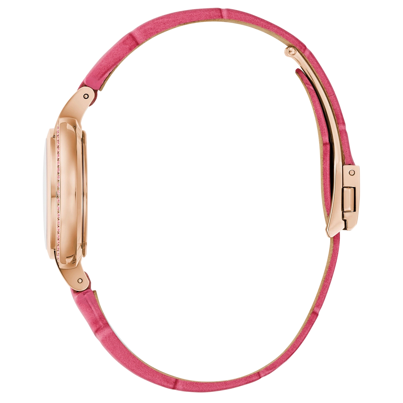 Roze dameshorloge met roségouden kast en band, close-up, elegant