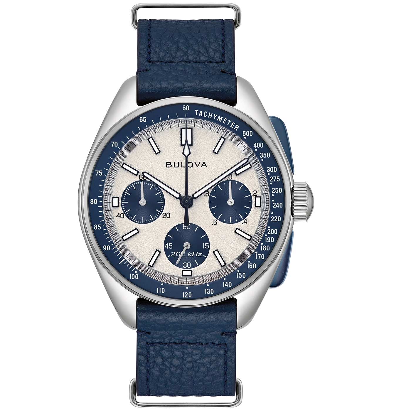 Bulova horloge met blauwe leren band, tachymeter, stijlvol design, perfect voor de liefhebber.