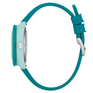 Turkoois horloge met groen bandje. Bulova-logo. Detailopname van het horloge.