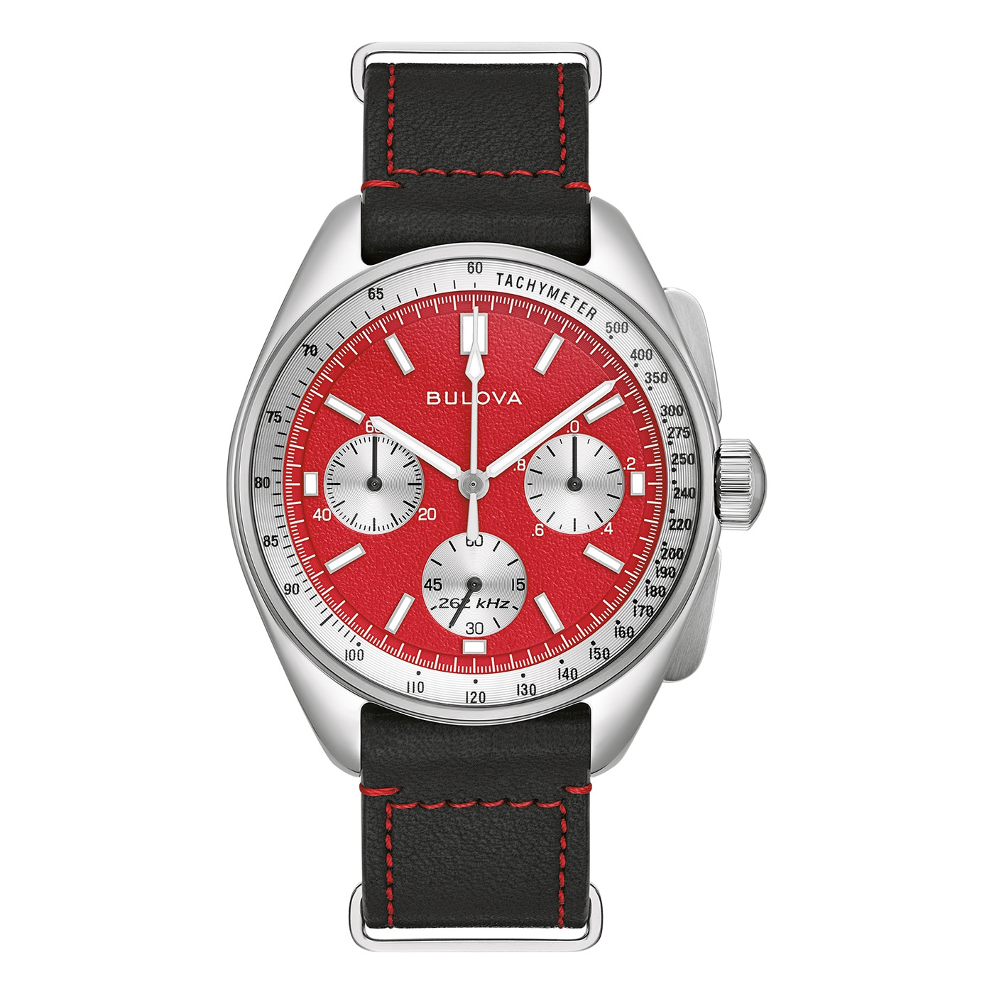 Rode Bulova horloge met zwarte band en tachymeter functie.