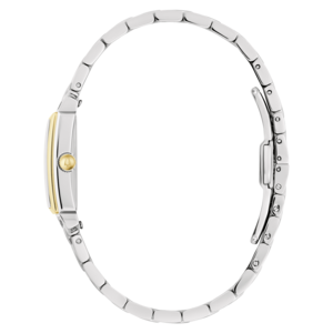 Horloge, zilveren band, gouden wijzerplaat, rechthoekig, zijaanzicht, sieraad, accessoire, elegant