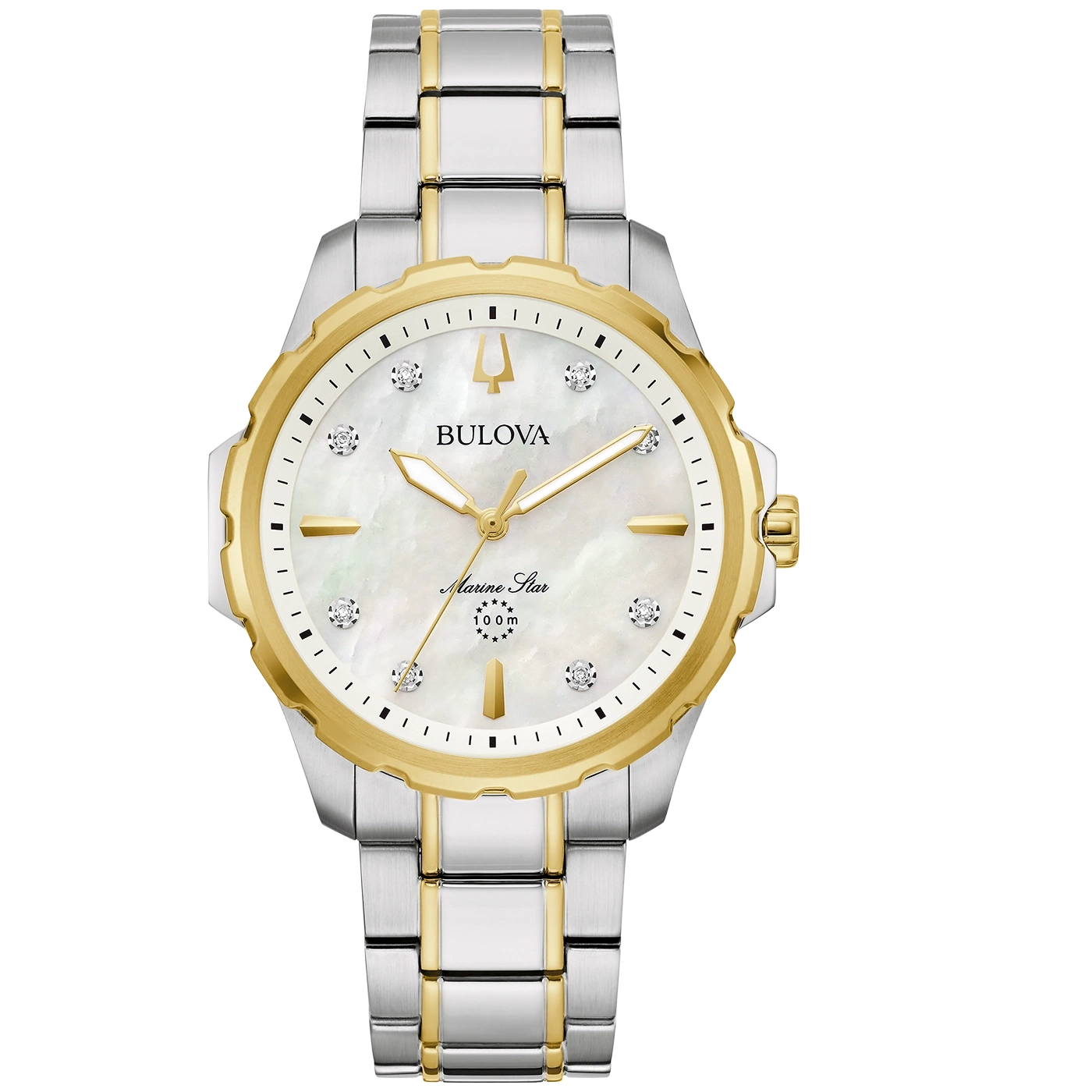 Bulova Marine Star horloge, goudkleurig, zilveren band, diamanten, parelmoer wijzerplaat