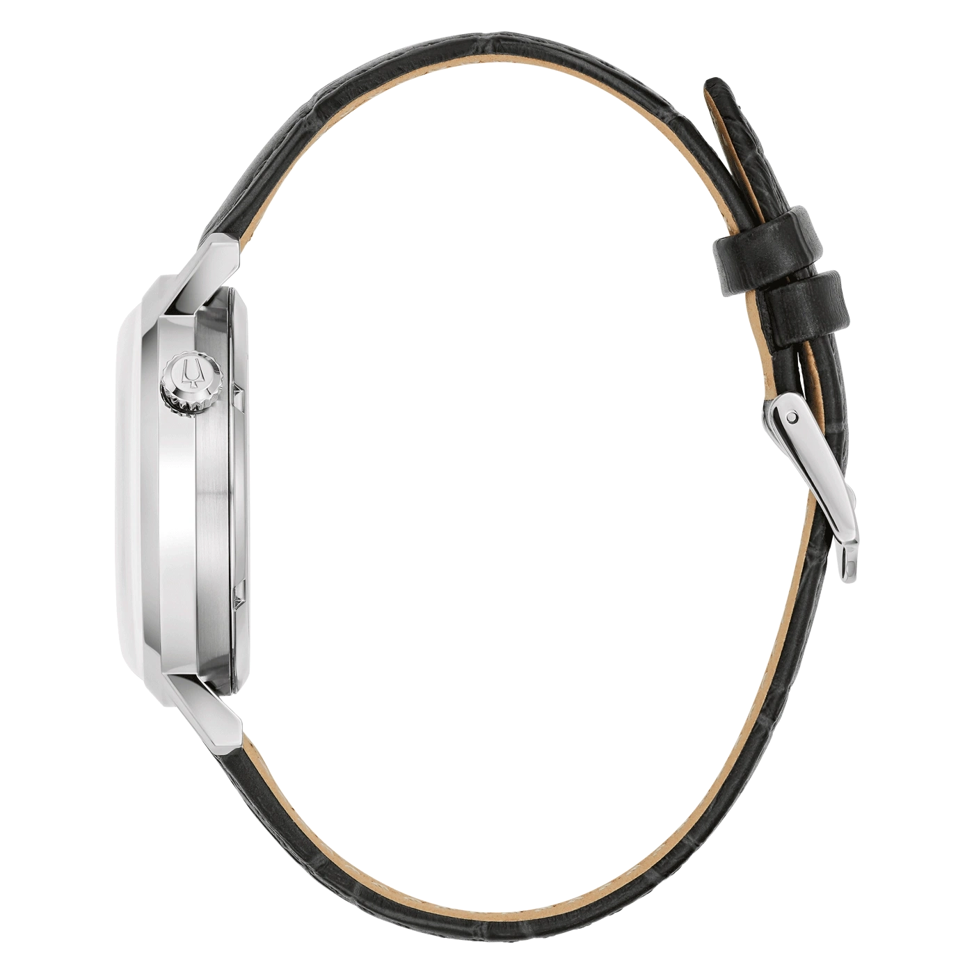 Zijaanzicht van een horloge met zwart leren bandje, zilveren kast, elegant design