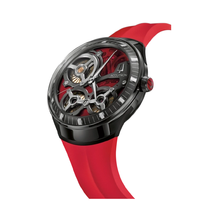 Zwarte horloge met rode band en rode wijzerplaat, Accutron merk.