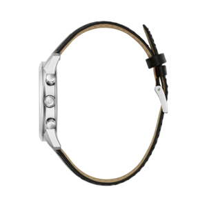 Zijaanzicht van een horloge met zwart leren bandje. Zilveren kast en knoppen. Klassiek design.