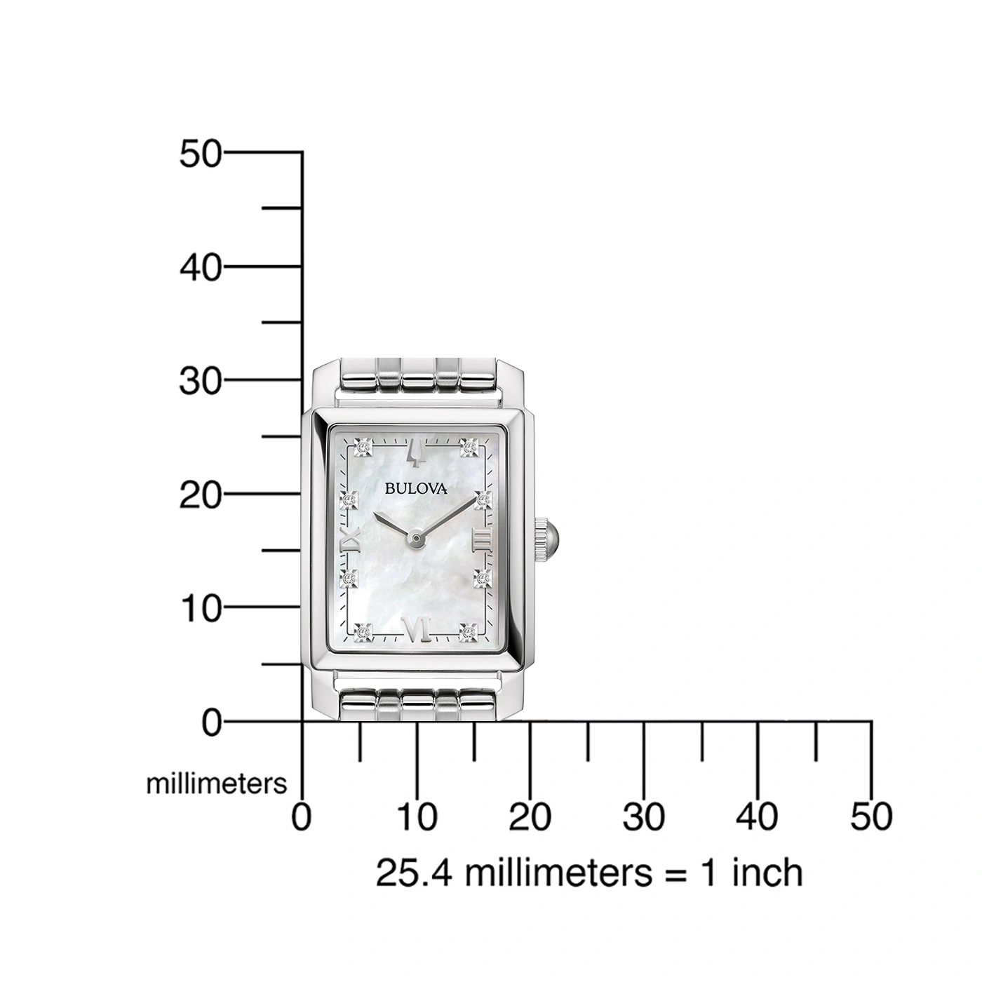 Rechthoekig Bulova-horloge met een schaalverdeling in millimeters voor metingen.